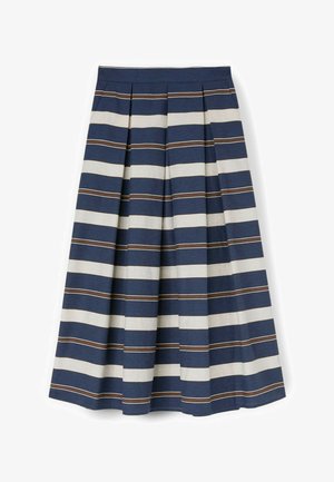 Navyblå og hvid plisseret nederdel med vandrette brune og hvide striber, knælængde, udvidet silhuet.