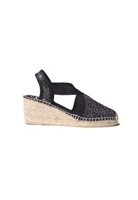 Černé espadrilové sandály na wedges s leopardím vzorem, elastickými křížovými popruhy a pletenou juty podešví.