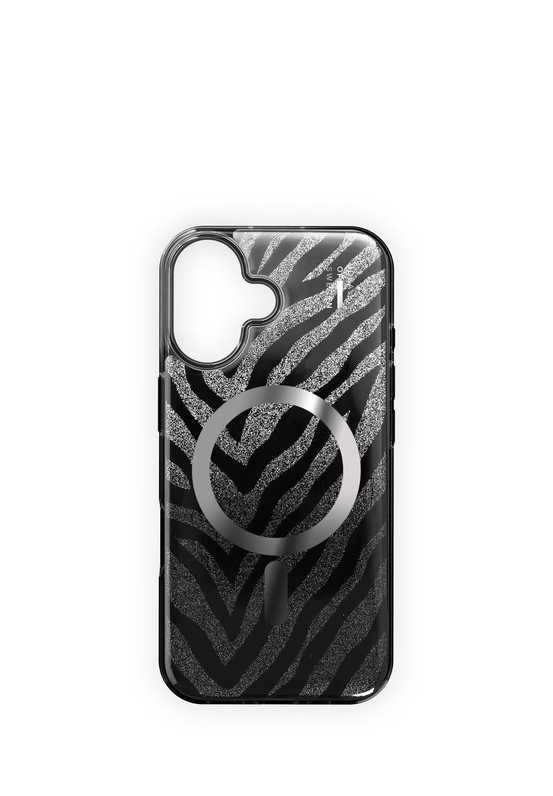 Funda de teléfono transparente con rayas de cebra negras y plateadas y patrón circular de carga inalámbrica magnética.