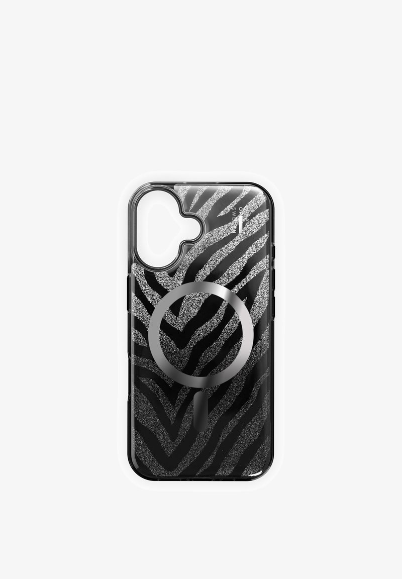 Funda de teléfono transparente con rayas de cebra negras y plateadas y patrón circular de carga inalámbrica magnética.