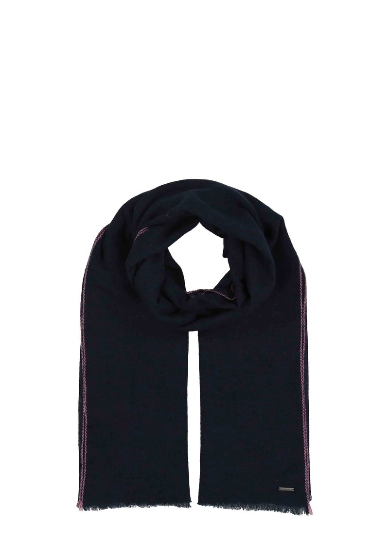 Mørkeblå tørklæde lavet af blødt stof med lys pink syninger langs kanterne og en frynset kant. Designet i en rektangulær form.