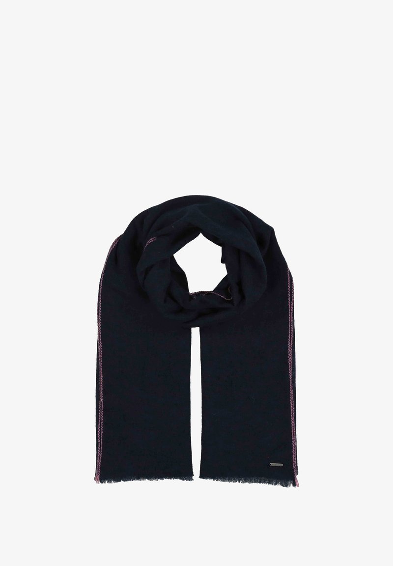 Mørkeblå tørklæde lavet af blødt stof med lys pink syninger langs kanterne og en frynset kant. Designet i en rektangulær form.