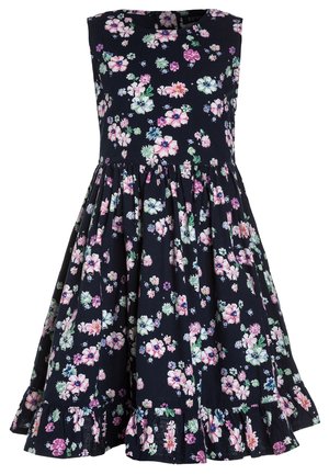 Abito senza maniche blu navy con stampa floreale rosa, bianca e verde, vita arricciata e orlo con volant per bambine.