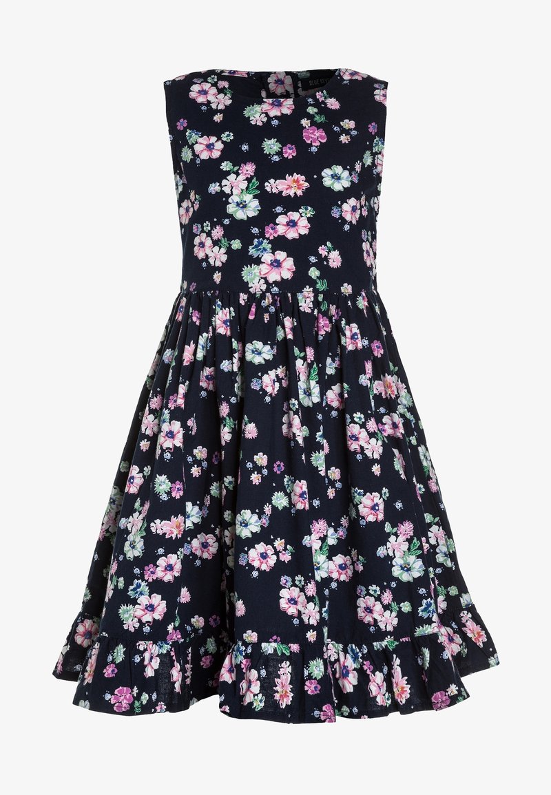 Robe bleu marine sans manches à imprimé floral rose, blanc et vert, taille froncée et ourlet volanté pour filles.