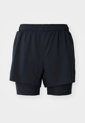 Black athletic shorts with an elastic waistband, layered design, and an inner fitted short. Smooth fabric with no visible patterns or accents.