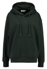 Tmavě zelená oversized mikina s přední kapsou, kapucí na šňůrku, žebrovanými manžetami a žebrovaným lemem, s štítkem "Weekday" uvnitř límce.