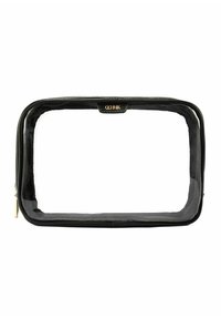 Prostokątna czarna kosmetyczka z przezroczystym przednim panelem i złotym zamkiem, oznaczona małą złotą etykietą "CHNK" umieszczoną na środku u góry.