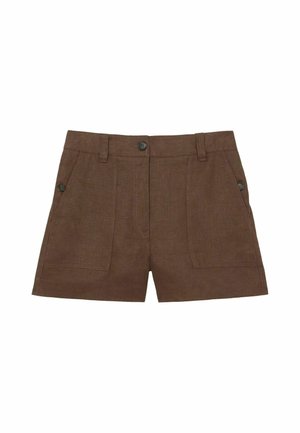 Brune hørshorts med høj talje, frontknaplukning, bæltestropper, to store forlommer og knapdetaljer i siden.