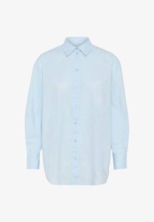 Svijetloplava košulja dugih rukava s dugmadi. Ima klasičan ovratnik, opušteni kroj i prednji dio sa dugmadi u istom tonu. Glatka tekstura.