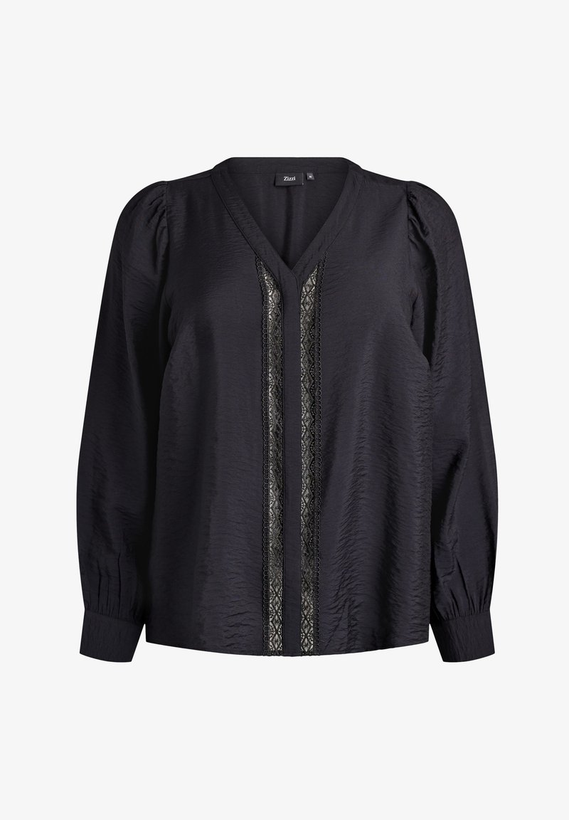 Blusa nera a maniche lunghe con scollo a V, spalle a palloncino e dettaglio in pizzo verticale al centro della parte anteriore.