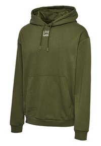 Bluza z kapturem w kolorze oliwkowej zieleni, z przednią kieszenią kangurką, kapturem ze ściągaczem i ściągaczami na mankietach. Posiada małe logo na piersi. Miękka tekstura materiału.