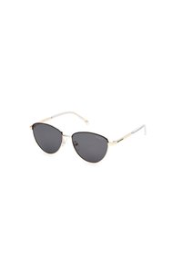 Ochelari de soare tip cat-eye cu lentile negre, ramă metalică aurie, vârfuri de rame transparente și pernițe de nas ajustabile pentru confort.