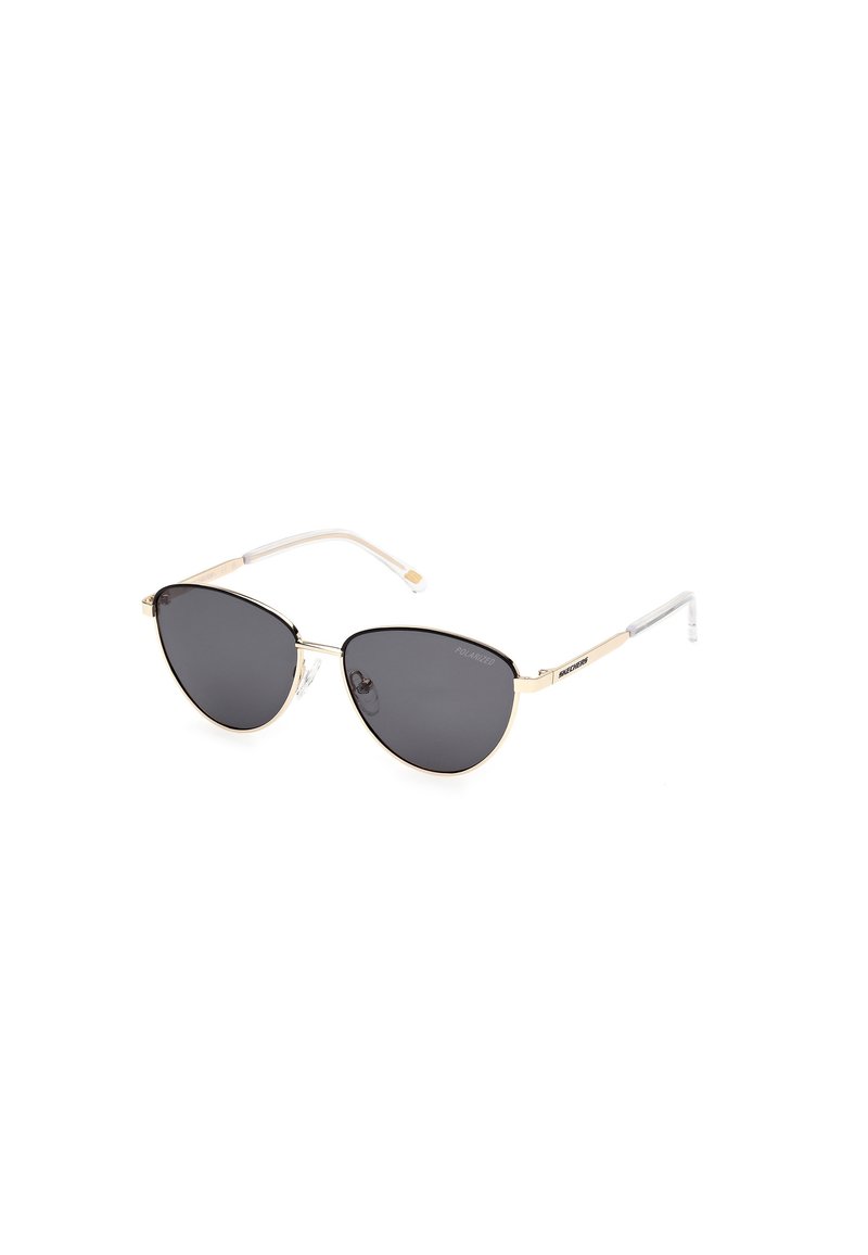Ochelari de soare tip cat-eye cu lentile negre, ramă metalică aurie, vârfuri de rame transparente și pernițe de nas ajustabile pentru confort.