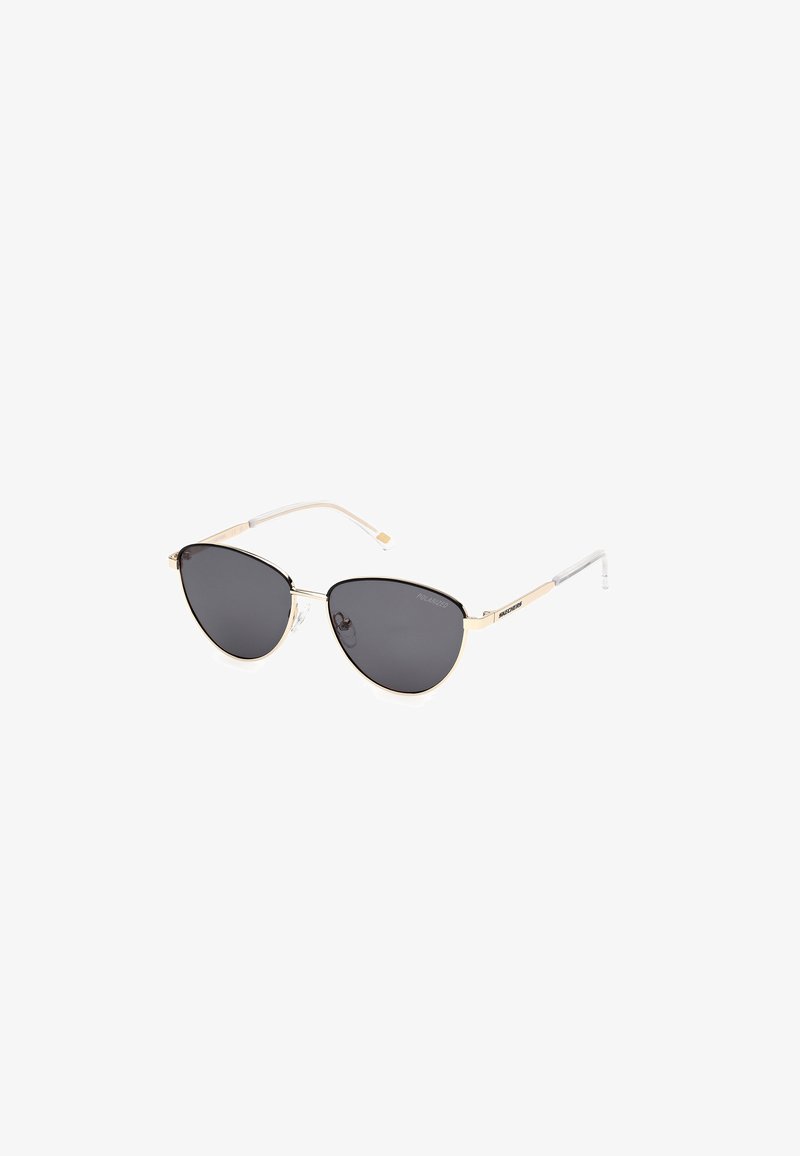 Ochelari de soare tip cat-eye cu lentile negre, ramă metalică aurie, vârfuri de rame transparente și pernițe de nas ajustabile pentru confort.