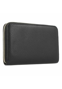 Billetera negra de cuero con cierre de cremallera, superficie texturizada, cremallera dorada y forma rectangular elegante, diseñada para el almacenamiento y la accesibilidad.