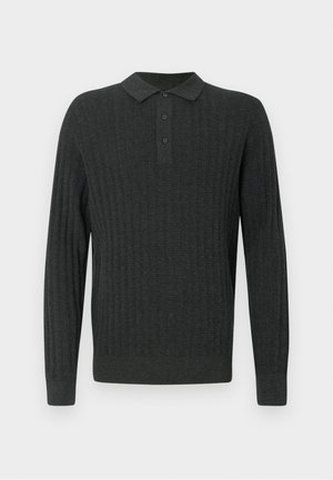 Dark grey long-sleeve polo with ribbed texture, a collared neck, and three button placket. Simple design, made from a soft fabric.