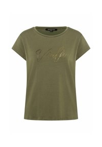 Camiseta verde oliva de manga corta, con cuello redondo, y "Voilà" adornado con tachuelas metálicas en la parte frontal. Material de algodón suave.