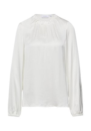 Witte blouse met lange mouwen van soepel stof, met een geplooide halslijn en elastische manchetten, met een iets losse pasvorm.