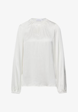 Weiße Bluse mit langen Ärmeln aus glattem Stoff, mit einem gerafften Ausschnitt und elastischen Bündchen, in einer leicht lockeren Passform.