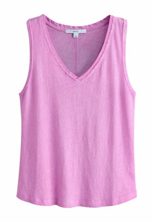 Sleeveless pink tank top with V-neck collar, made of soft fabric, featuring visible stitching around neckline and armholes.