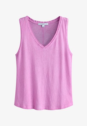 Sleeveless pink tank top with V-neck collar, made of soft fabric, featuring visible stitching around neckline and armholes.