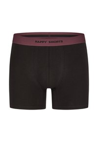 Boxer shorts di cotone neri con una cintura elastica color marsala, con la scritta "HAPPY SHORTS" stampata in nero. Texture liscia e design aderente.