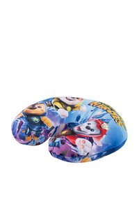 Cuscino da collo a forma di U, rivestito in un tessuto morbido che presenta personaggi dei cartoni animati colorati su uno sfondo blu vivace, imbottito con materiale soffice.