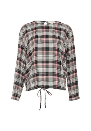 Szara, czarna i różowa koszula z długim rękawem w kratkę. Posiada okrągły dekolt, detal w postaci wiązania z przodu oraz luźny krój. Teksturowany materiał.