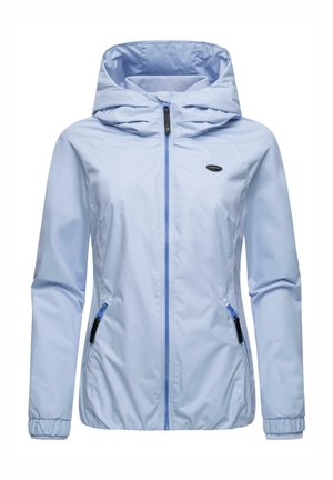 Light blue hooded jacket with a front zip, elastic cuffs, and two zippered side pockets. Made of smooth, lightweight material.