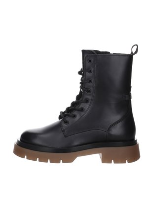 Black leather ankle boots with a rounded toe, lace-up design, and a thick brown rubber sole. Features a pull tab at the back and stitching details.