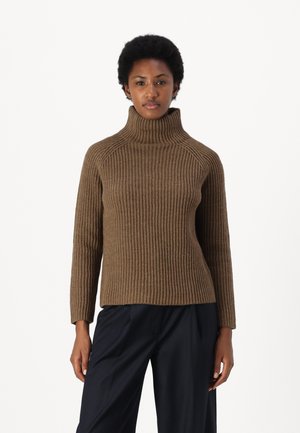 Brown ribbed sweater with a high turtleneck, featuring long sleeves and a straight hem. Made from a textured knit fabric.