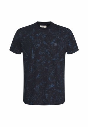 Camiseta azul marino de tejido suave con un sutil patrón abstracto en un tono azul más claro. Cuello redondo y mangas cortas.