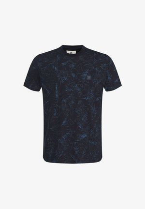 Tumed sinine T-särk pehmest kangast, millel on heledamas sinises tooni peen abstraktne muster. Ümmargune kaelus ja lühikesed varrukad.