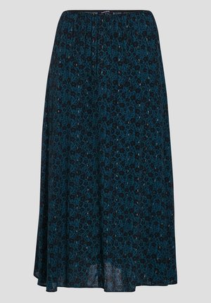 Donkergroene midi-rok met zwarte bloemenprint en kleine zilveren pailletten, voorzien van een elastische tailleband en een A-lijn model.