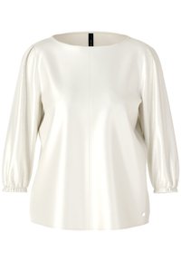 White faux leather top with a round neckline, puff sleeves, and gathered cuffs. Features a central seam and a small logo on the hem.