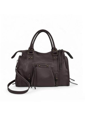Sac à main en cuir marron foncé avec deux anses, une bandoulière amovible, une poche avant zippée et des clous décoratifs en métal.