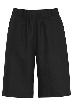 Czarne lniane szorty z elastycznym pasem, charakteryzujące się luźnym krojem, długością do kolan i gładką fakturą. Brak widocznych wzorów lub dodatków.