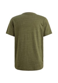 Olivegrünes T-Shirt mit kurzen Ärmeln und strukturierter Stoffstruktur, mit Rundhalsausschnitt und geradem Saum, sichtbaren Nähten und lockerem Schnitt.