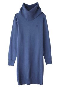Robe pull bleue en tricot avec un col montant à côtes ; manches longues ; détail de logo subtil ; texture lisse ; tombe au-dessus du genou.
