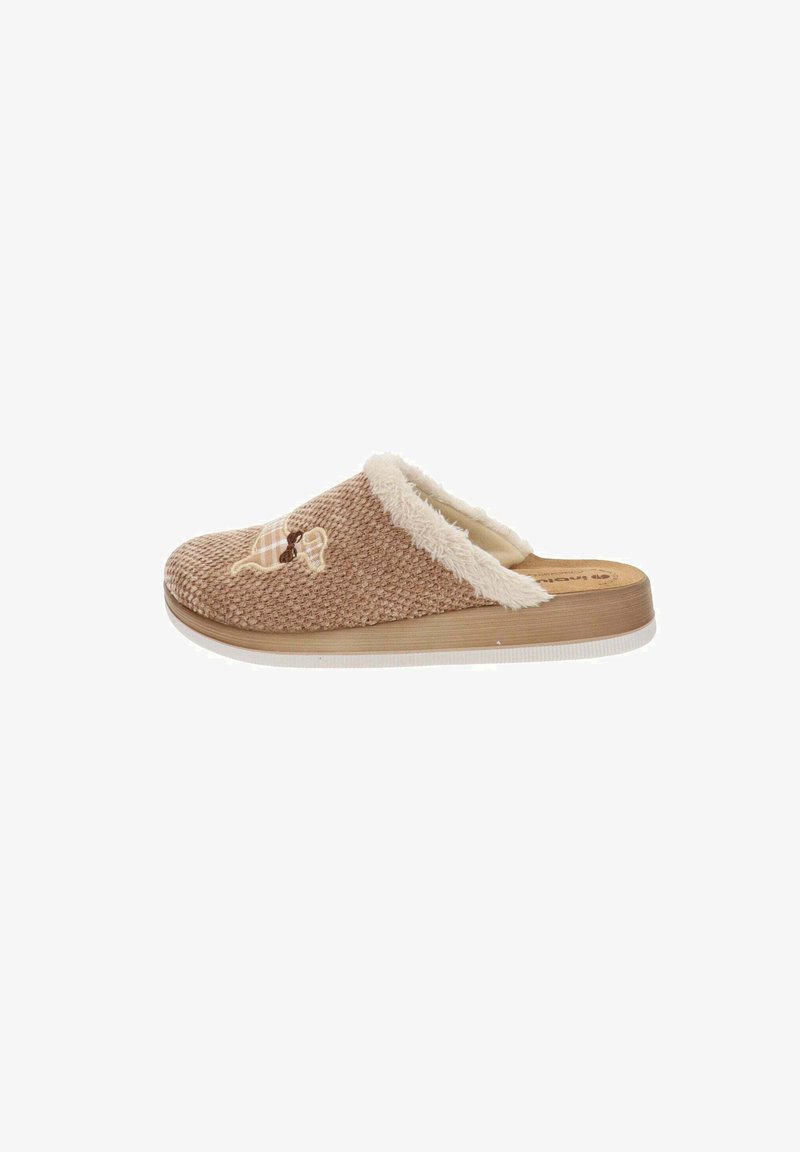 Ciabatta beige testurizzata con rivestimento in pelliccia sintetica, suola piatta e design ricamato. Stile slip-on con punta arrotondata e costruzione leggera.