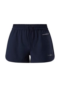 Marineblå atletikshorts med elastisk talje, snøre, lynlåslomme i siden og Rossignol-logo på det nederste højre ben.