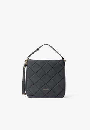 Sac à main noir matelassé avec bandoulière réglable et quincaillerie dorée, présentant le logo "braccialini" au centre avant.