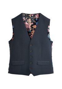 Navyfarbener, strukturierten Weste mit V-Ausschnitt, fünf Knöpfen, zwei Fronttaschen und Innenfutter mit floralen Mustern in Rosa-, Blau- und Grüntönen.