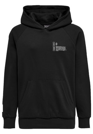 Zwarte hoodie van zachte stof, met een kangoeroezak, ribgebreide boorden en decoratieve tekst aan de voorkant. Verstelbare trekkoordkap.