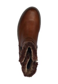 Bottine en cuir marron avec une doublure en fourrure douce, bout rond, et coutures décoratives. Inclut une semelle texturée et des accents matériels sur le côté.