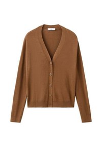 Bruine cardigan van zachte gebreide stof, met een diepe V-hals, knoopsluiting aan de voorkant en lange mouwen met een aangesloten zoom.