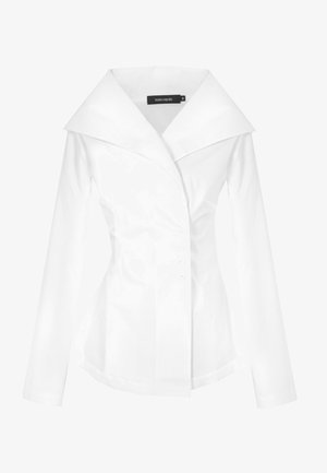 Biała koszula z długim rękawem z dużym kołnierzem, dopasowanym krojem i sześcioma guzikami z przodu. Gładki materiał o nieco zdefiniowanej sylwetce.