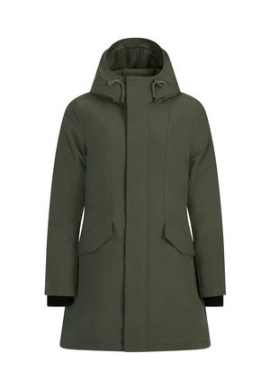 Olivgrüner, wasserfester Parka mit Kapuze, Frontreißverschluss, zwei großen Fronttaschen und schwarzen Strickbündchen. Glatte Außenfläche und taillierte Passform.