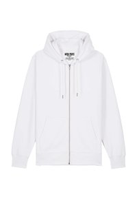 Felpa bianca con zip realizzata in un tessuto morbido, caratterizzata da un cappuccio con cordino, tasche frontali e polsini e orlo a costine. Etichetta MIRA PARIS visibile.