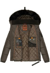 Grøn quiltet jakke med en faux fur hætte, der har orange detaljer, flere indvendige lommer og et mærkat med teksten "STONE HARBOUR."